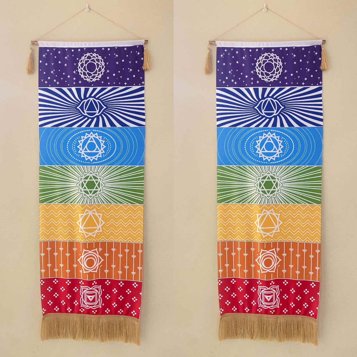 Tapiserie Chakra pentru Meditatie si Yoga cu Franjuri - Design 7 chakre, 104 x 35 cm - Decor pentru Pereti si Spatii Spirituale