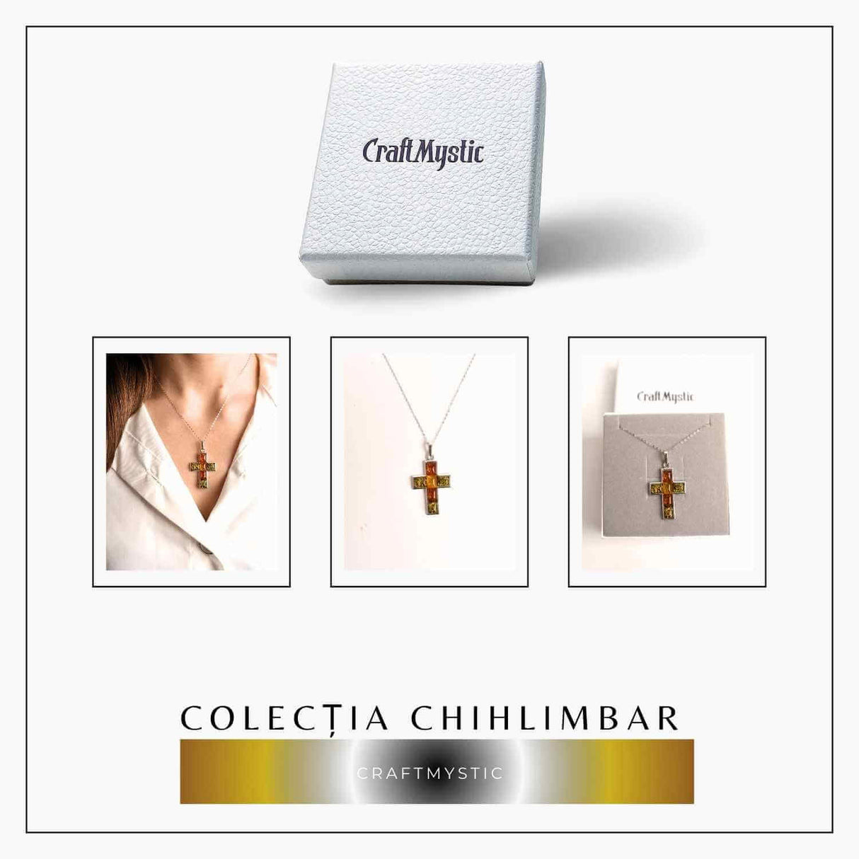 Colier argint 925 cu chihlimbar natural - crucea protectiei