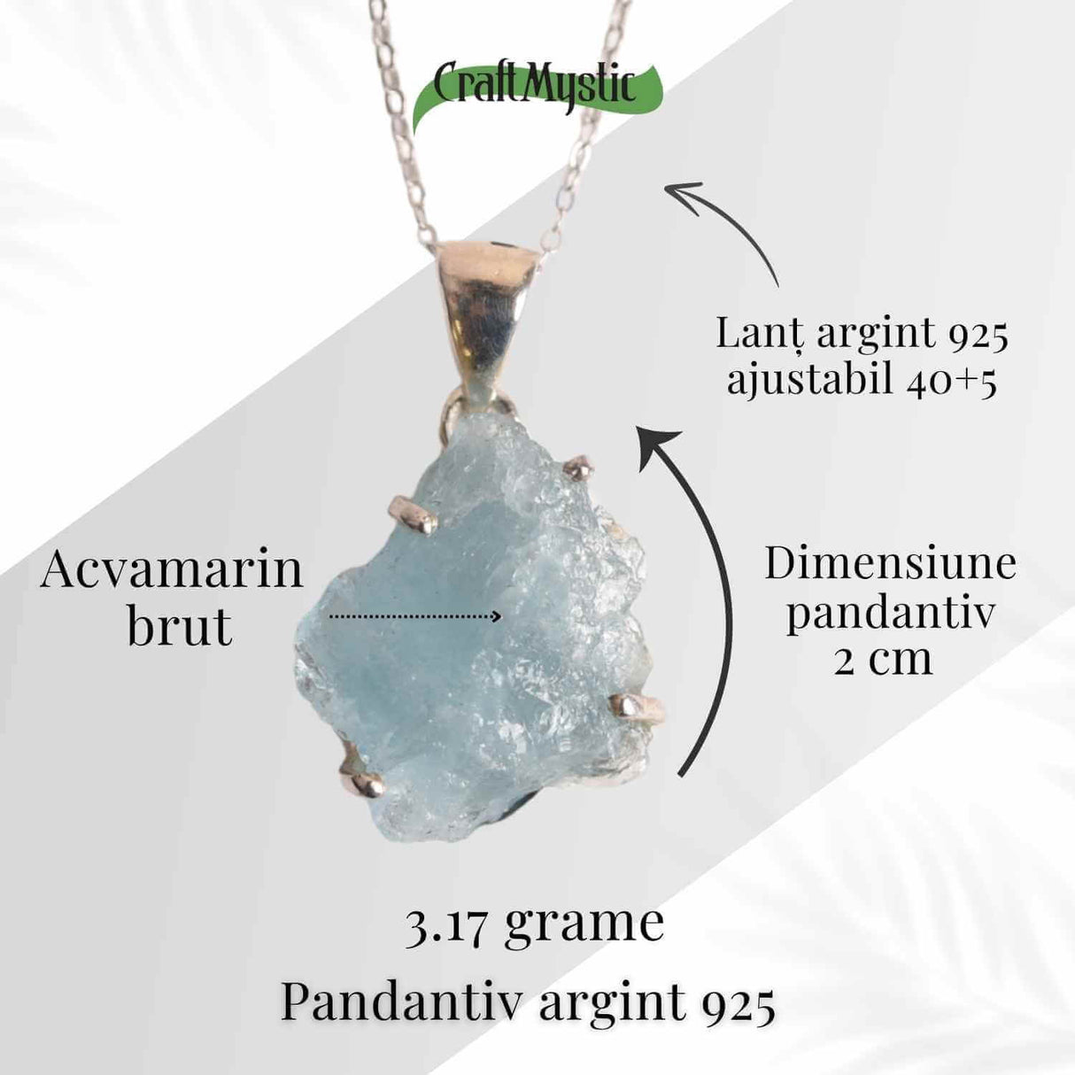 Colier Argint 925 cu Acvamarin Brut 3.00gr - Liniste Interioara si Claritate