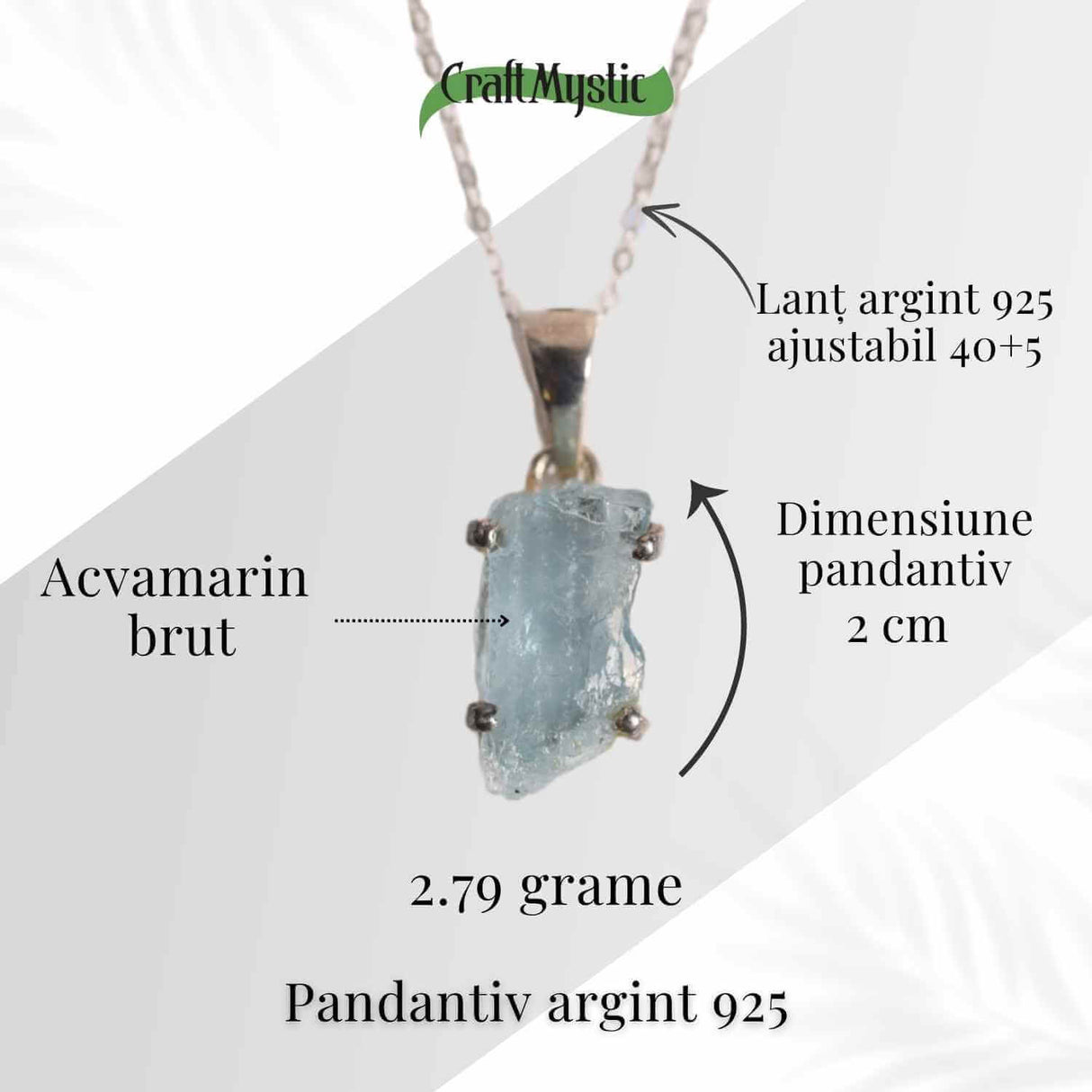 Colier Argint 925 cu Acvamarin Brut 3.00gr - Liniste Interioara si Claritate