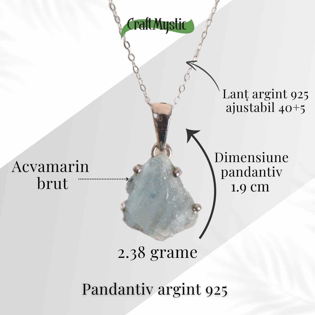 Colier Argint 925 cu Acvamarin Brut 3.00gr - Liniste Interioara si Claritate