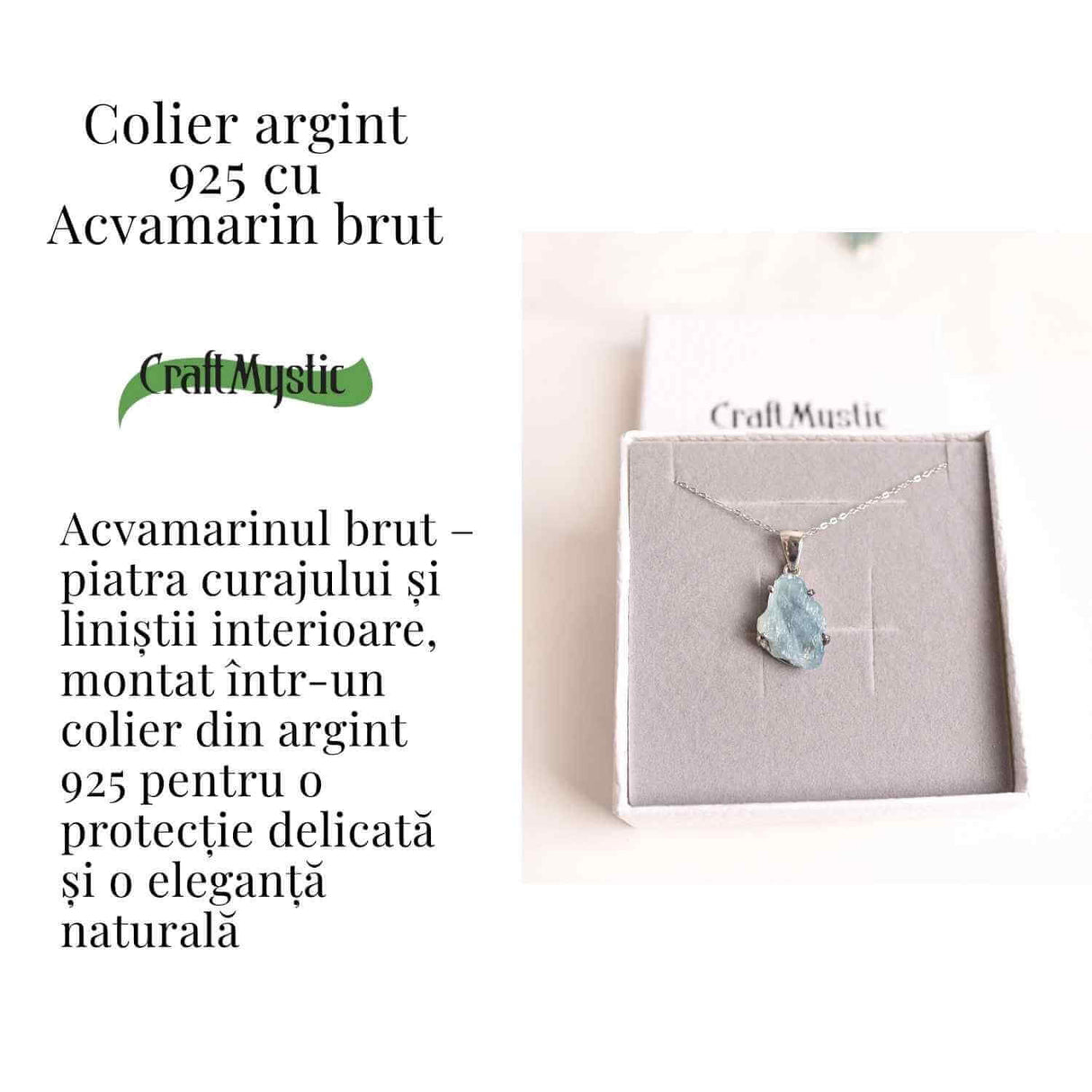 Colier Argint 925 cu Acvamarin Brut 3.00gr - Liniste Interioara si Claritate