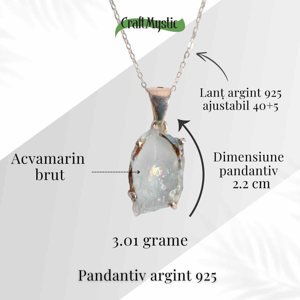 Colier Argint 925 cu Acvamarin Brut 3.00gr - Liniste Interioara si Claritate