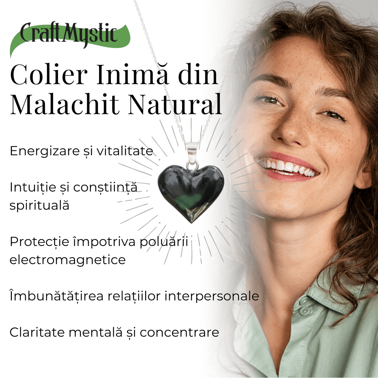 Colier Elegant cu Lant Argintiu si Pandantiv din Malachit Natural in Forma de Inima, 25mm