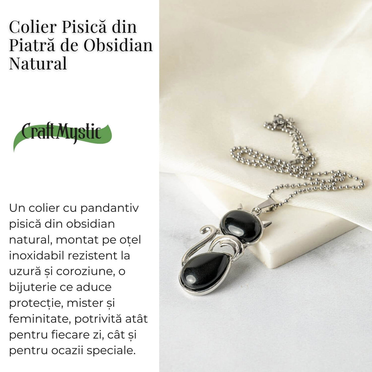 Protectie si Echilibru - Colier Pisica din Otel Inoxidabil cu Obsidian