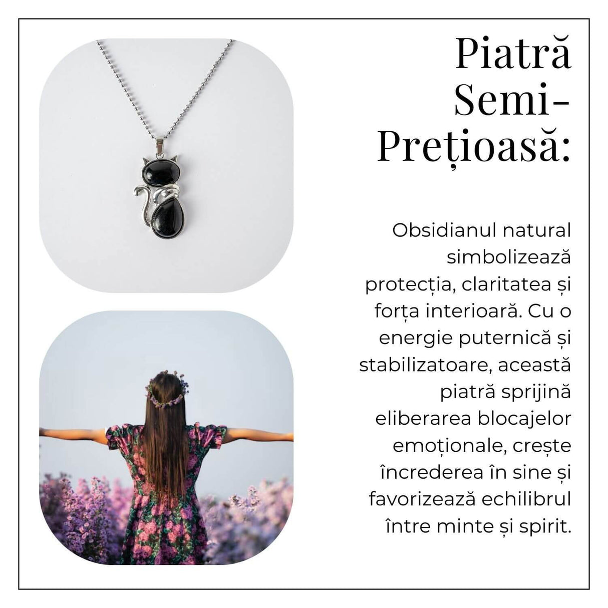 Protectie si Echilibru - Colier Pisica din Otel Inoxidabil cu Obsidian