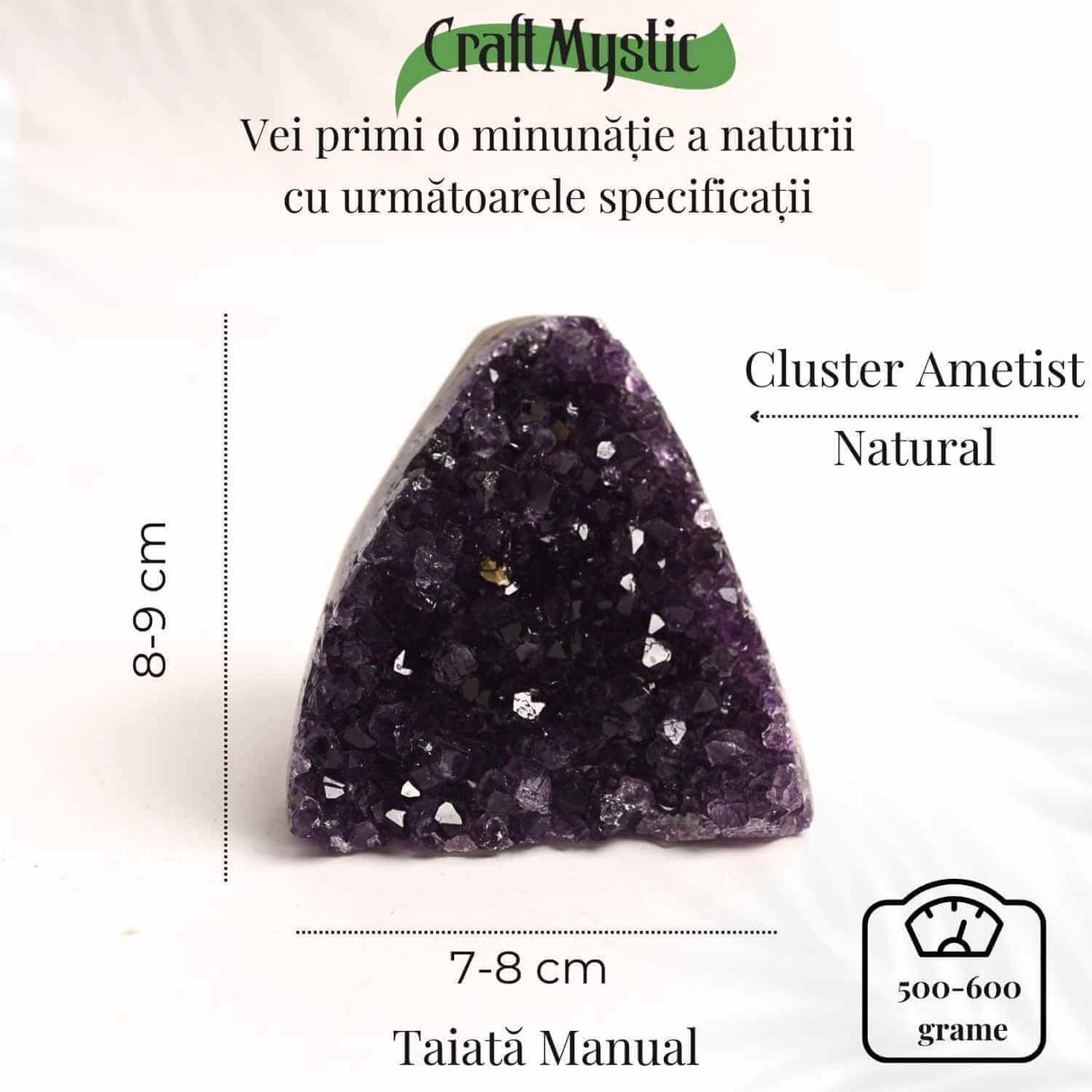 Geoda de ametist natural, taiata manual - Protectie si echilibru H= 10-11 cm L= 6-8 cm 500-600 gr