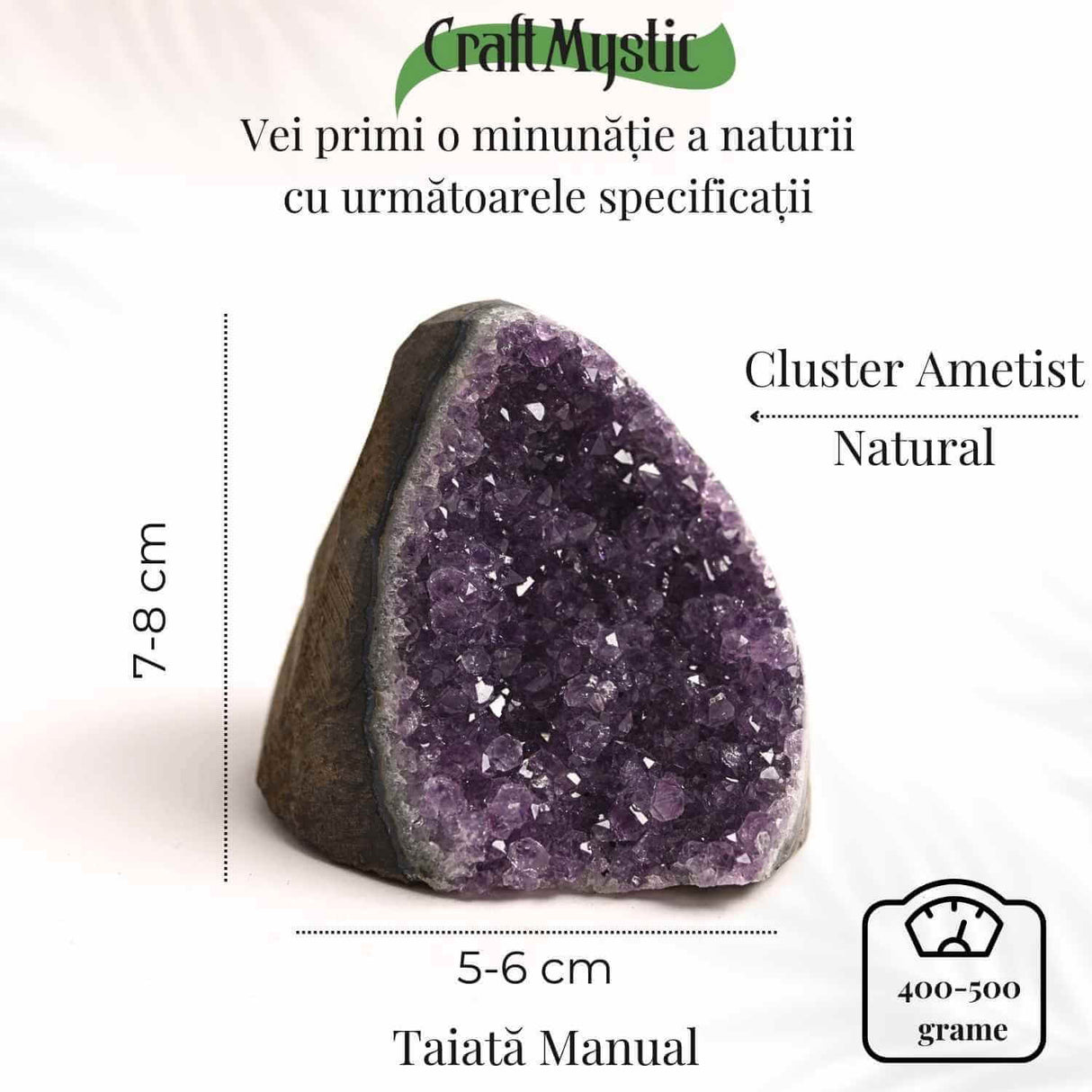 Geoda de ametist natural, taiata manual - Protectie si echilibru H= 10-11 cm L= 6-8 cm 500-600 gr