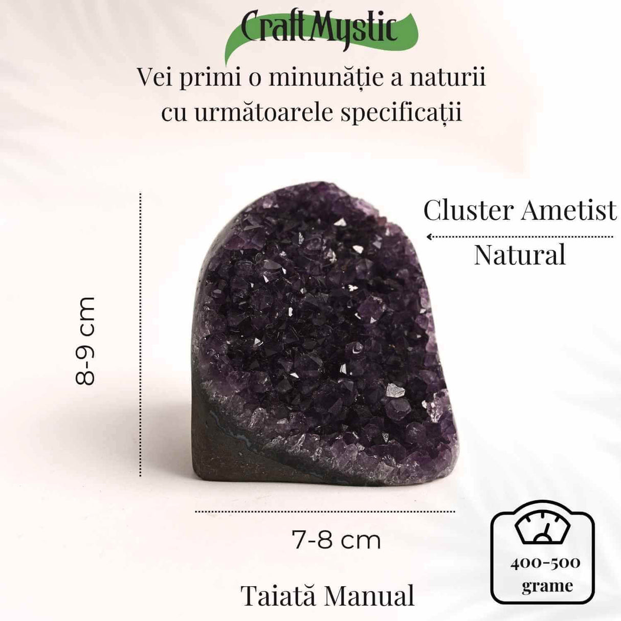 Geoda de ametist natural, taiata manual - Protectie si echilibru H= 10-11 cm L= 6-8 cm 500-600 gr