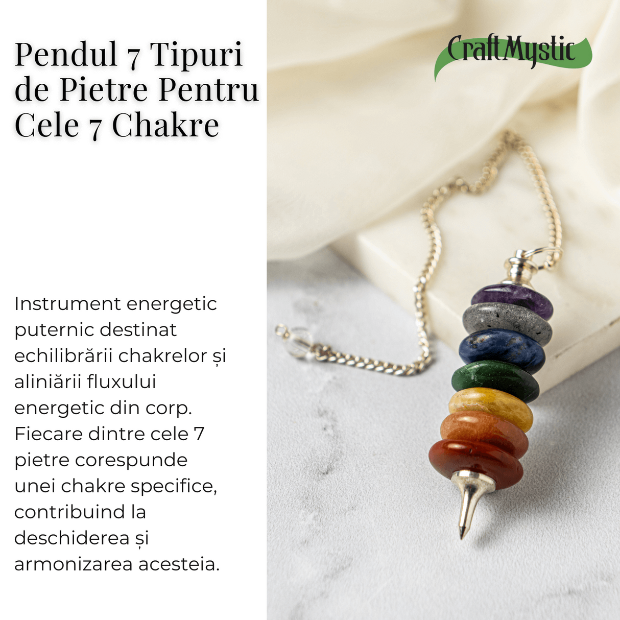 Pendul cu 7 Inele si Pietre Naturale - Echilibru si Vindecare Chakre