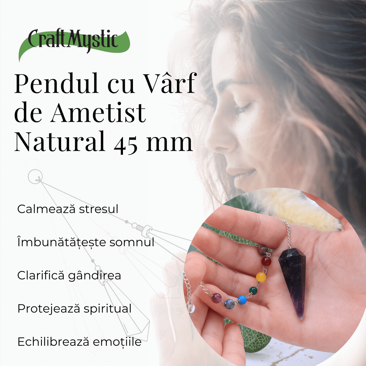 Pendul Radiestezie Ametist cu 7 Margele Chakre pentru Vindecare