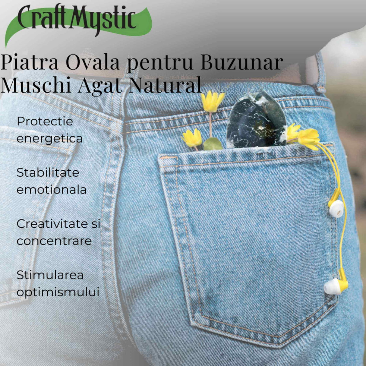 Piatra de Buzunar din Agat Muschi Natural 50-55 mm - Promoveaza Echilibrul și Vindecarea Emoționala