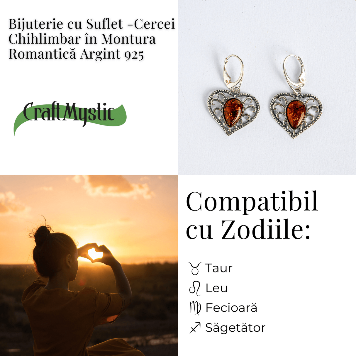 Bijuterie cu suflet - Cercei cu chihlimbar in montura romantica argint 925