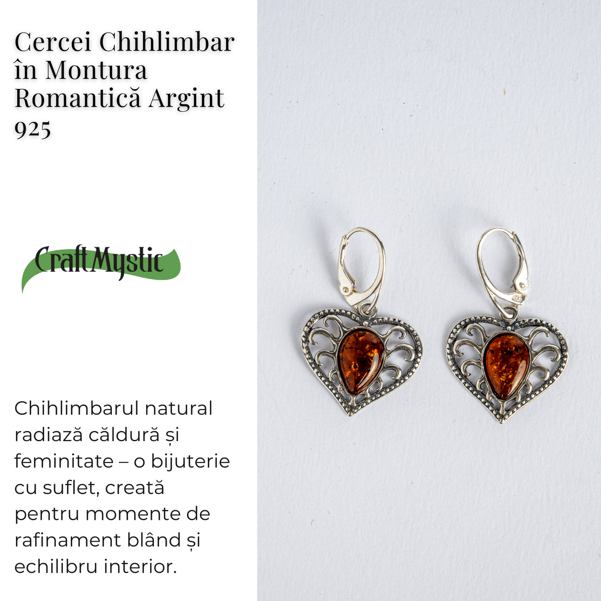 Bijuterie cu suflet - Cercei cu chihlimbar in montura romantica argint 925