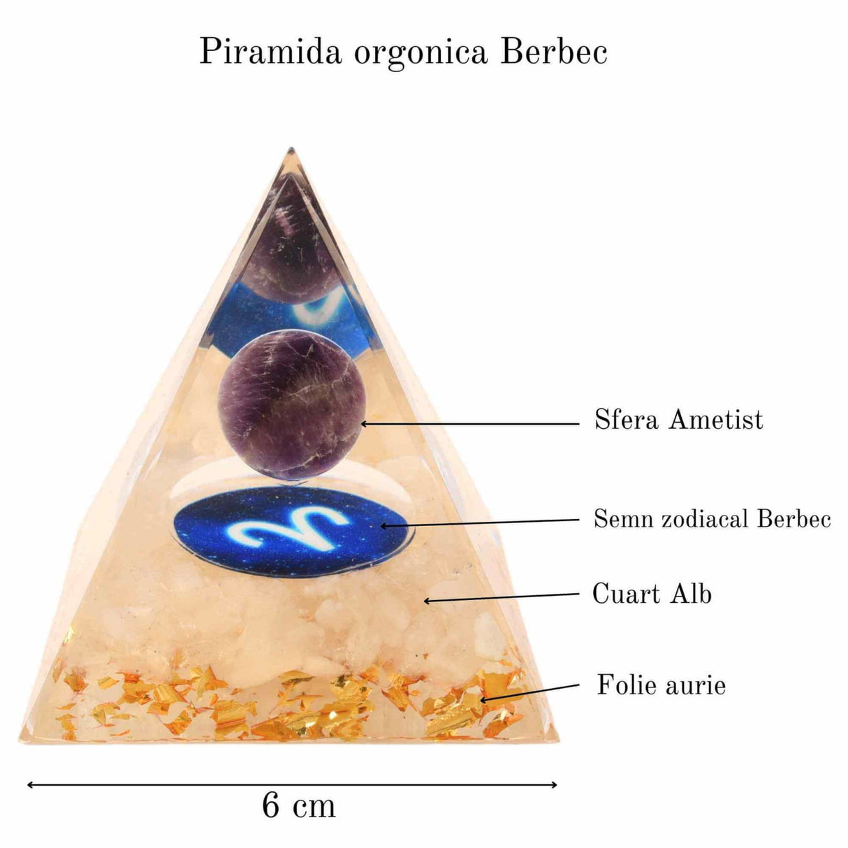 Piramida de Energie Orgonica 6 cm cu Cristale de Vindecare specifice Zodiei Berbec pentru Relaxare, Meditatie si Ornament