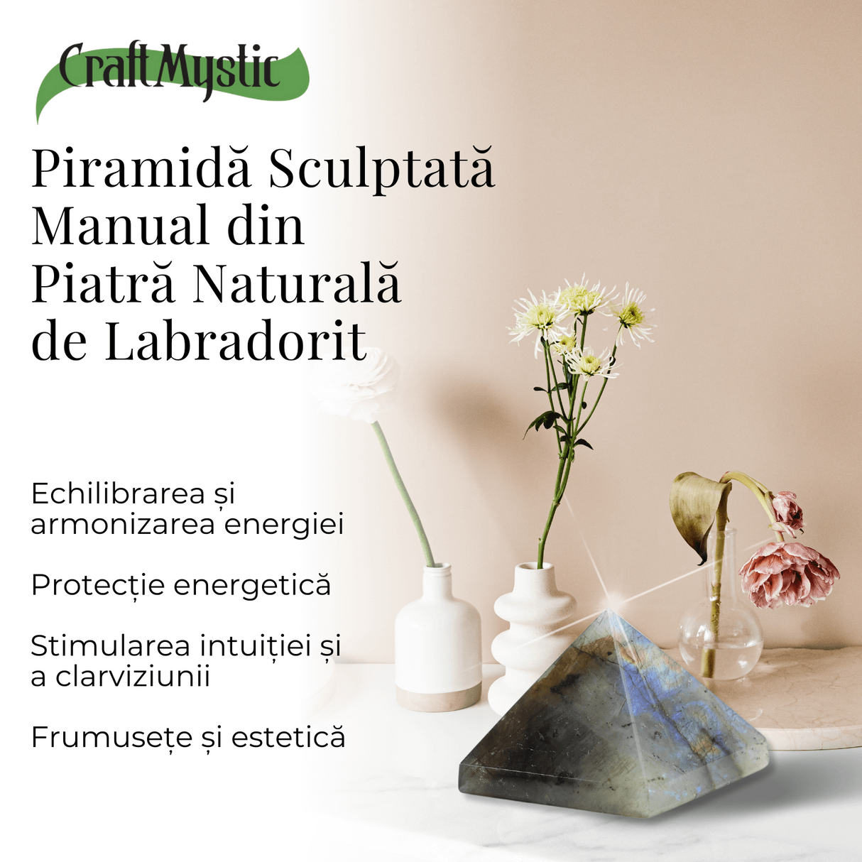 Piramida din Labradorit Sculptata Manual, 4 cm - Amplificator de Protectie si Intuitie