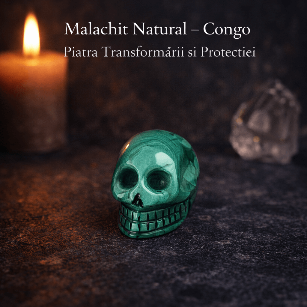 Mini Craniu din Malachit Natural Congo – Sculptat manual, simbol al transformarii