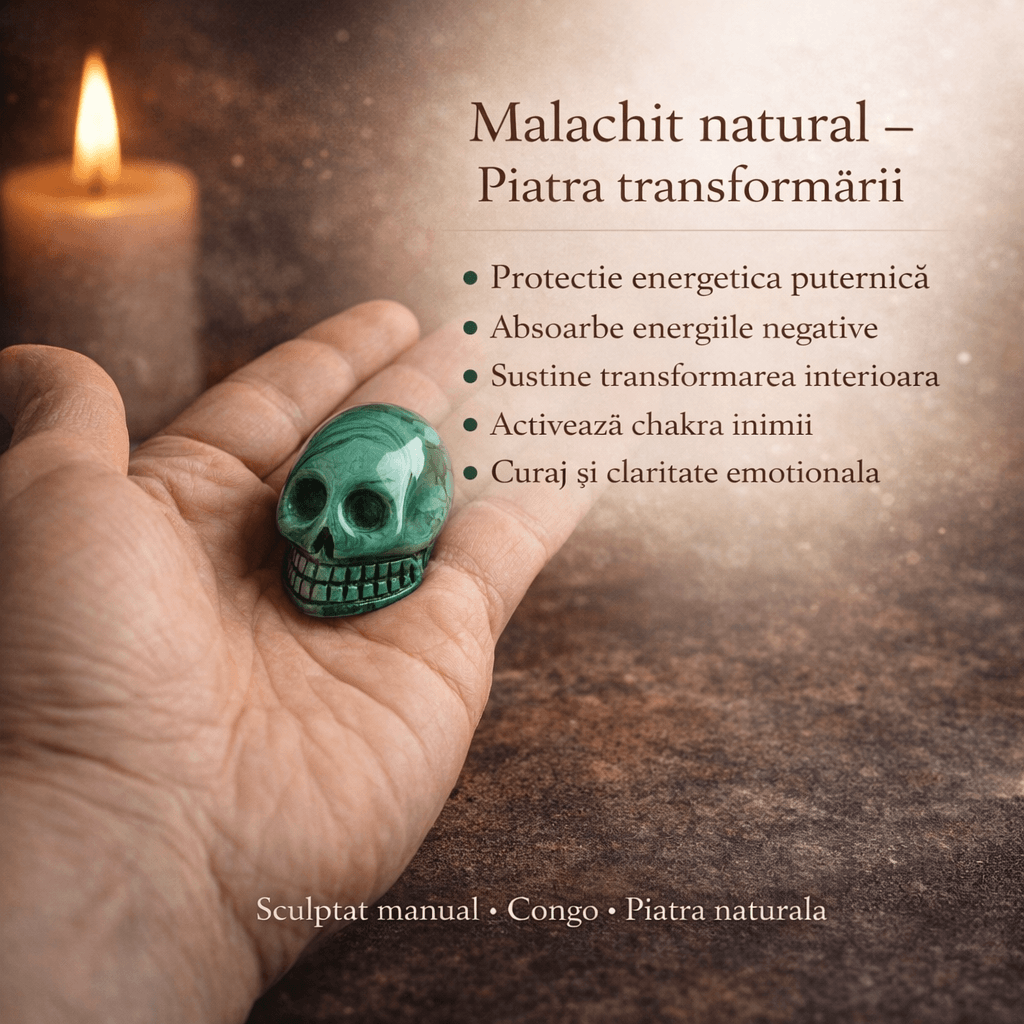 Mini Craniu din Malachit Natural Congo – Sculptat manual, simbol al transformarii