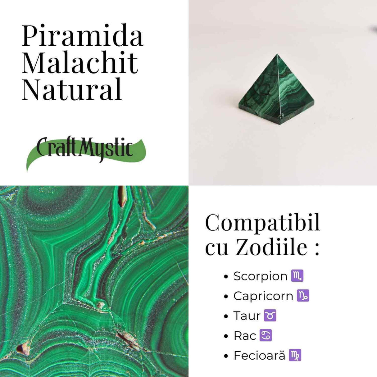 Piramida Malachit natural H 4 - 4.9 cm Latime 4 - 4.6 cm 126-151 gr - Vindecare Emotionala