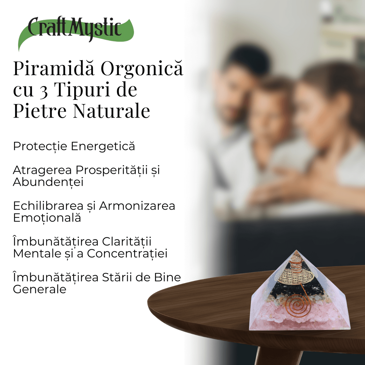 Piramida orgonica cu Turmalina neagra, Citrin, Cuart roz - Protectie si Armonie