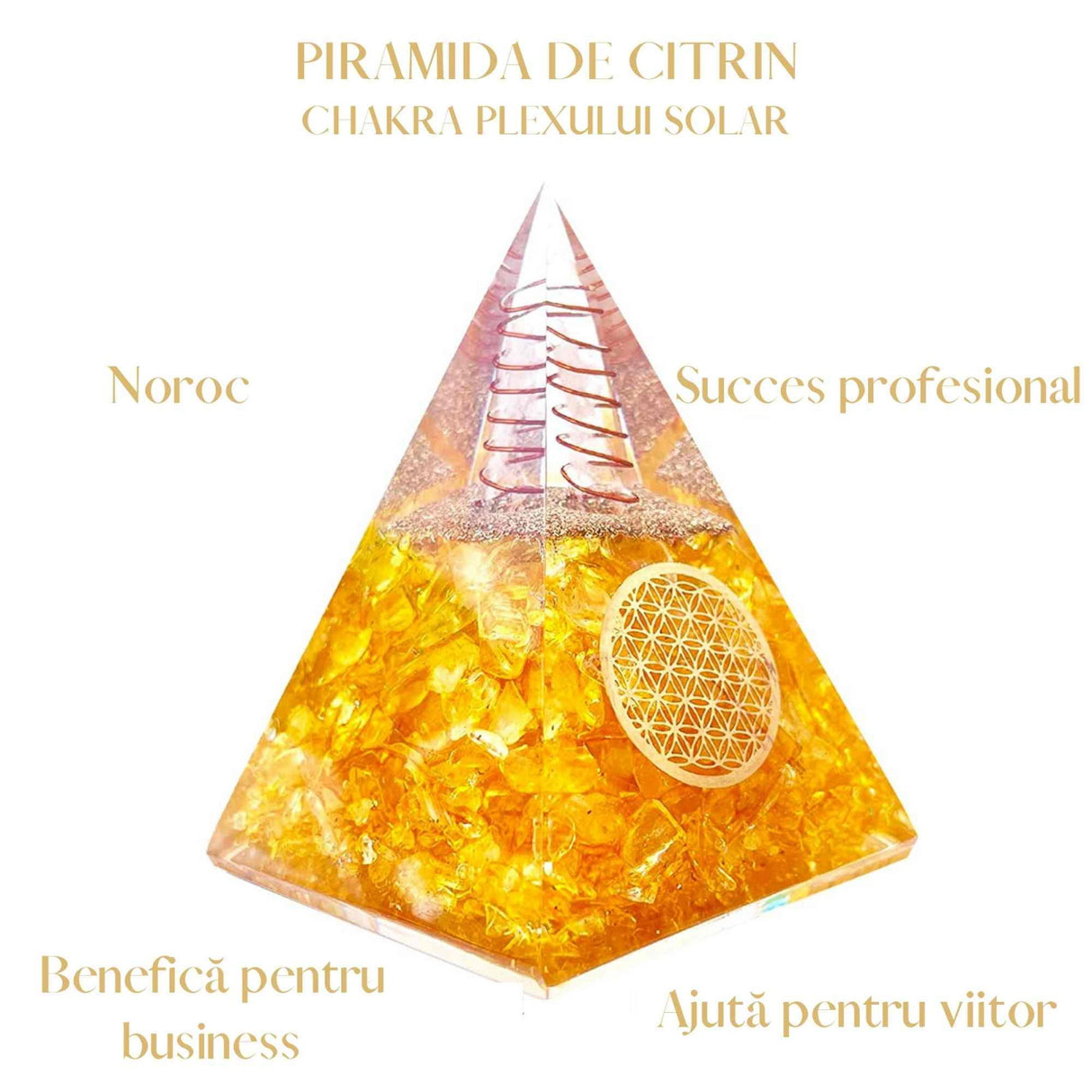 Piramida Orgonica cu Citrin si simbolul floarea vietii 8 cm - pentru intelepciune, bogatie si succes