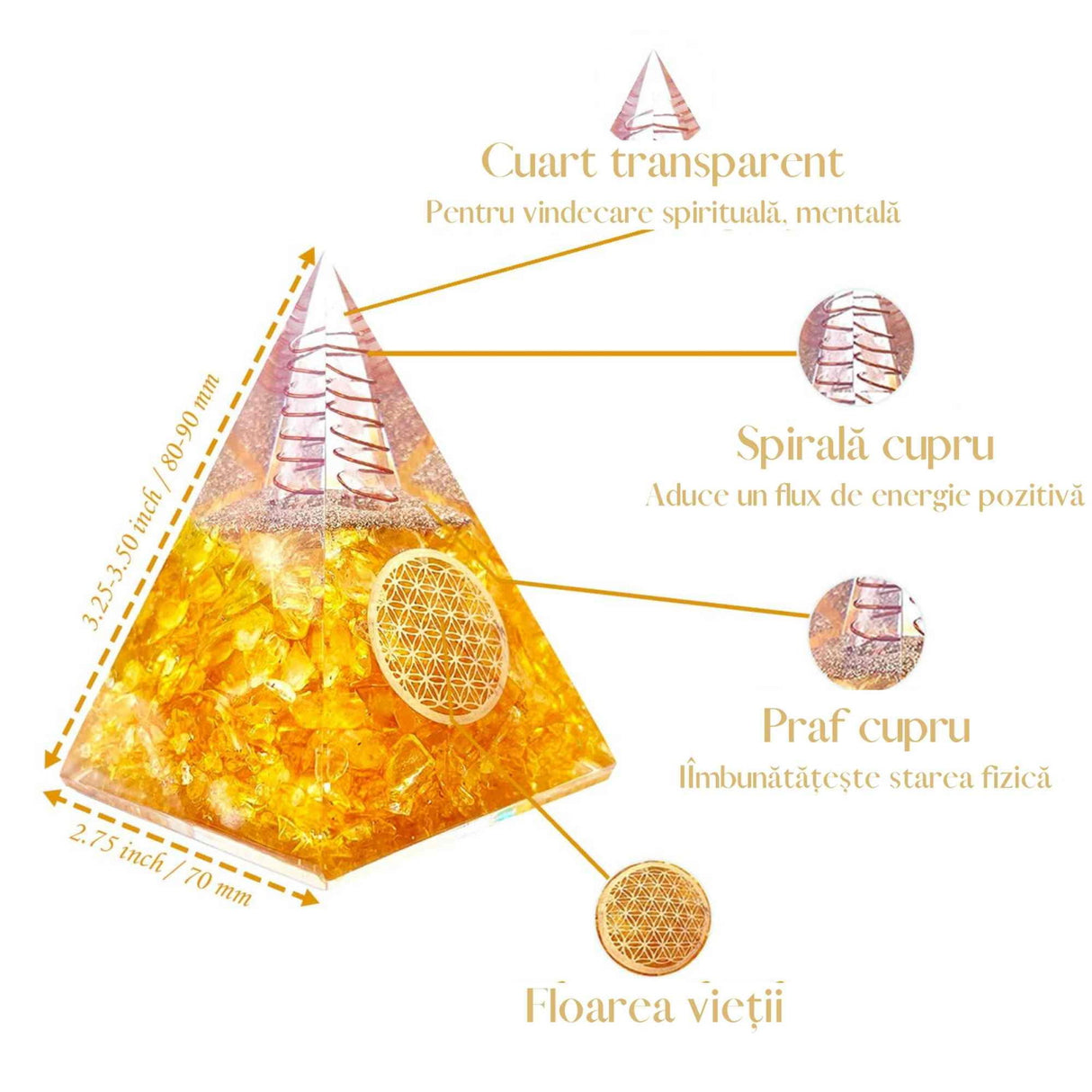 Piramida Orgonica cu Citrin si simbolul floarea vietii 8 cm - pentru intelepciune, bogatie si succes