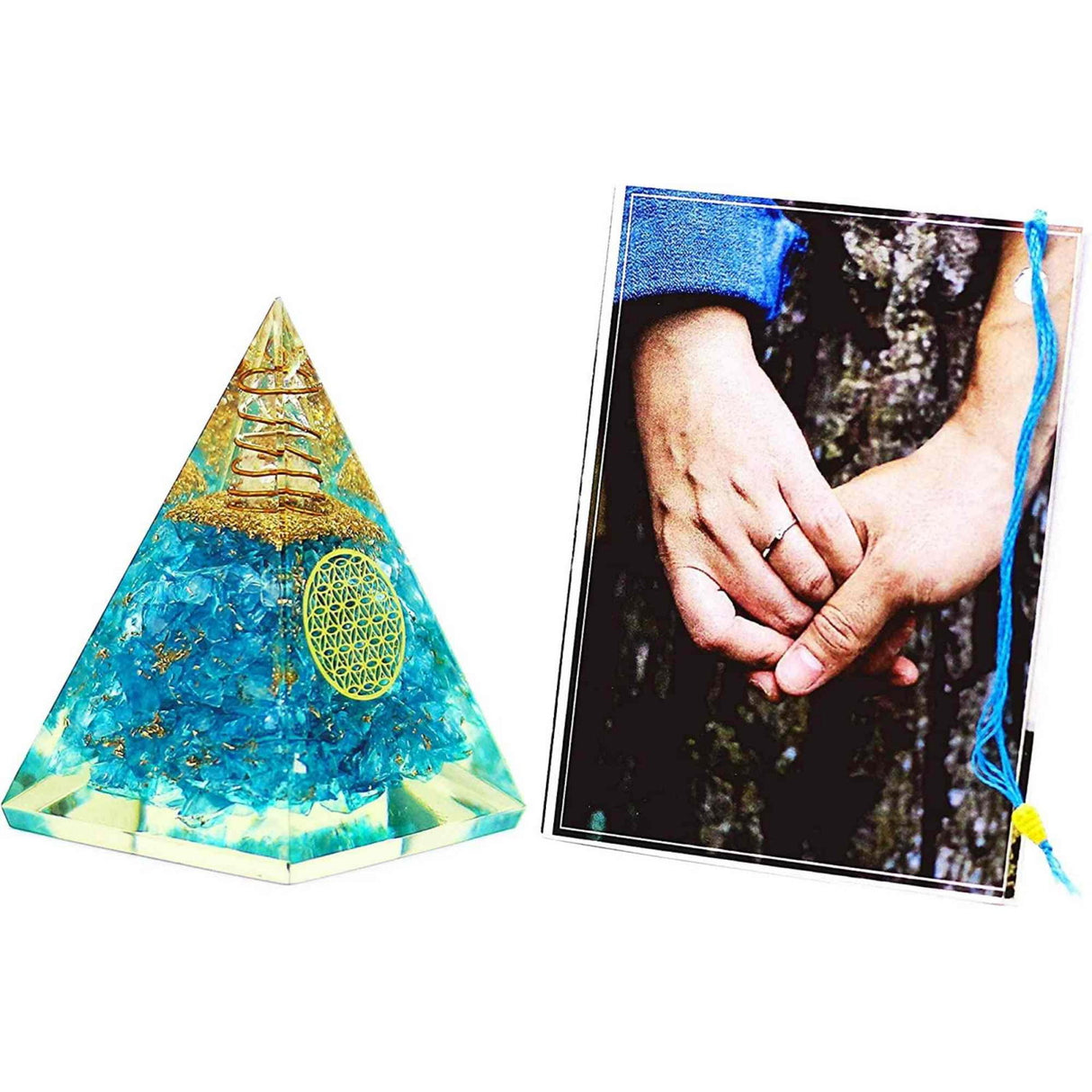 Piramida Orgonica cu cristal Acvamarin si simbolul floarea vietii 8 cm - pentru energie pozitiva, curaj, eliminarea fricii si a stresului
