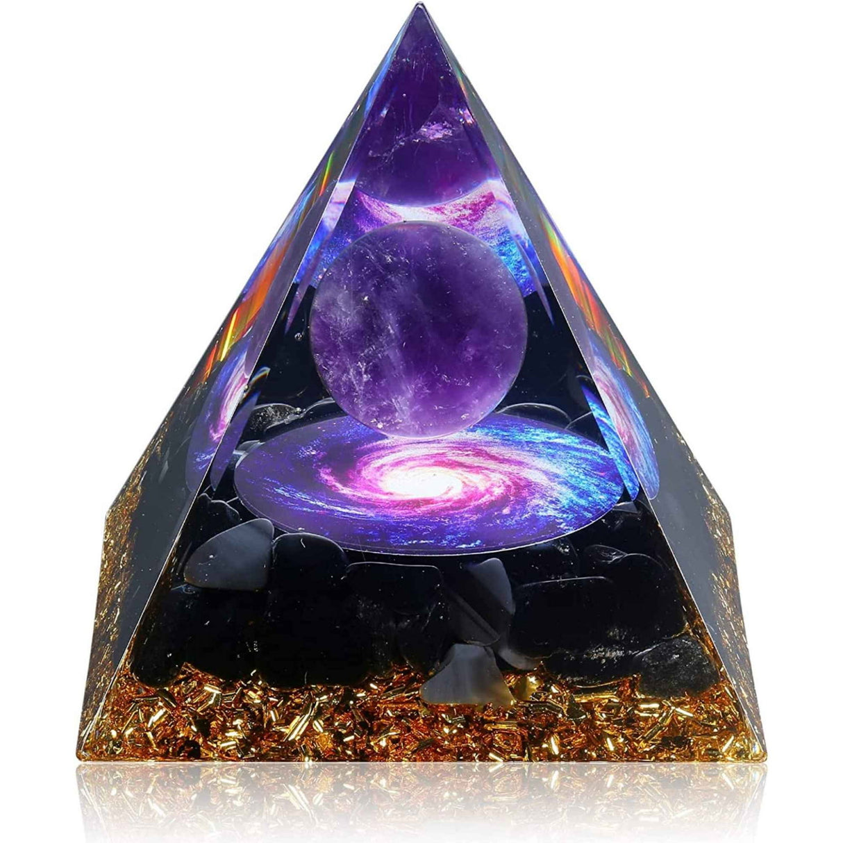 Piramida Orgonica cu cristale vindecatoare de Ametist, Obsidian, foita aurie, rasina naturala si sfera din cristal ametist 8 cm - pentru energie pozitiva si reducerea stresului