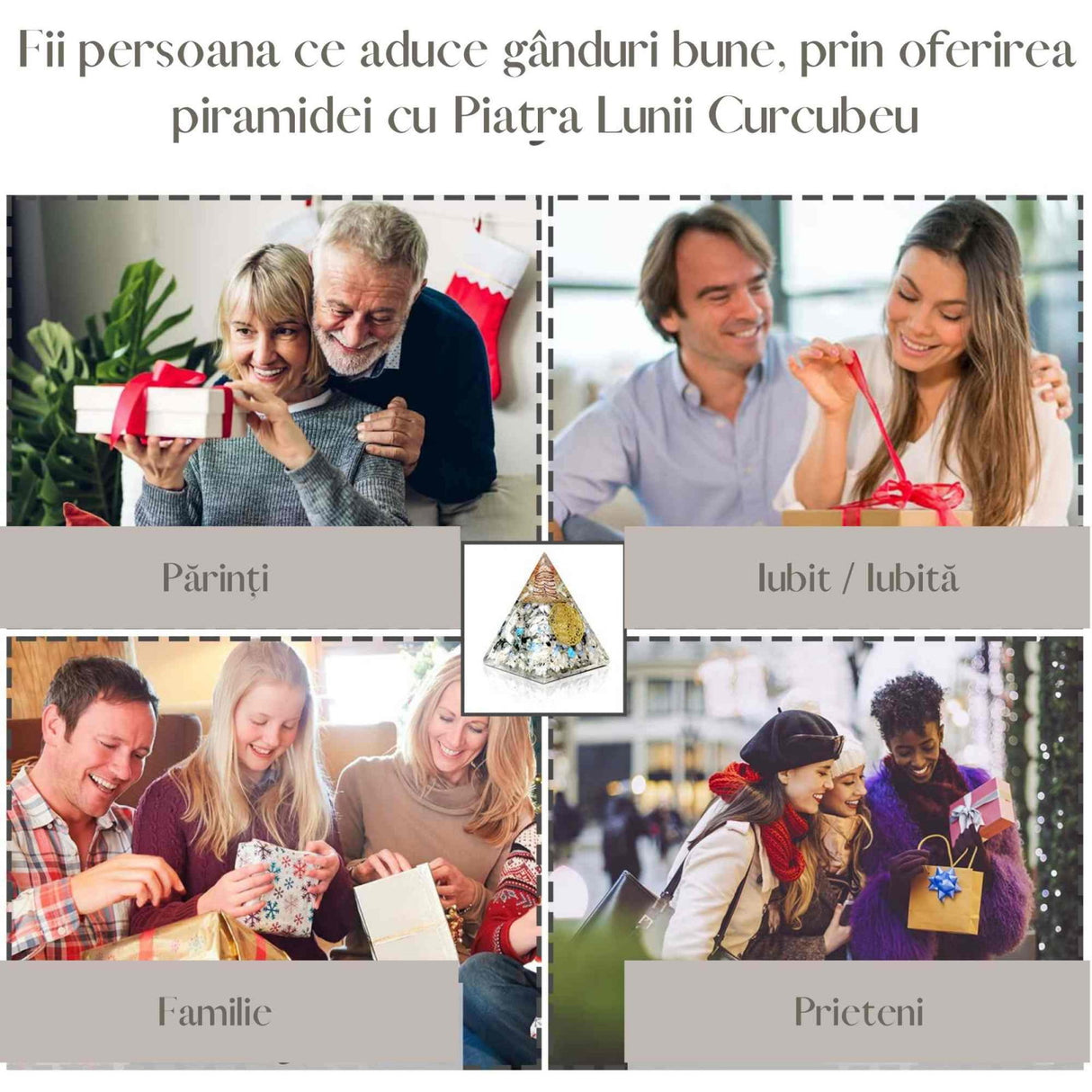 Piramida Orgonica cu Piatra lunii curcubeu si simbolul floarea vietii 8 cm - incurajeaza speranta, sensibilitatea, intuitia si abilitatile psihice