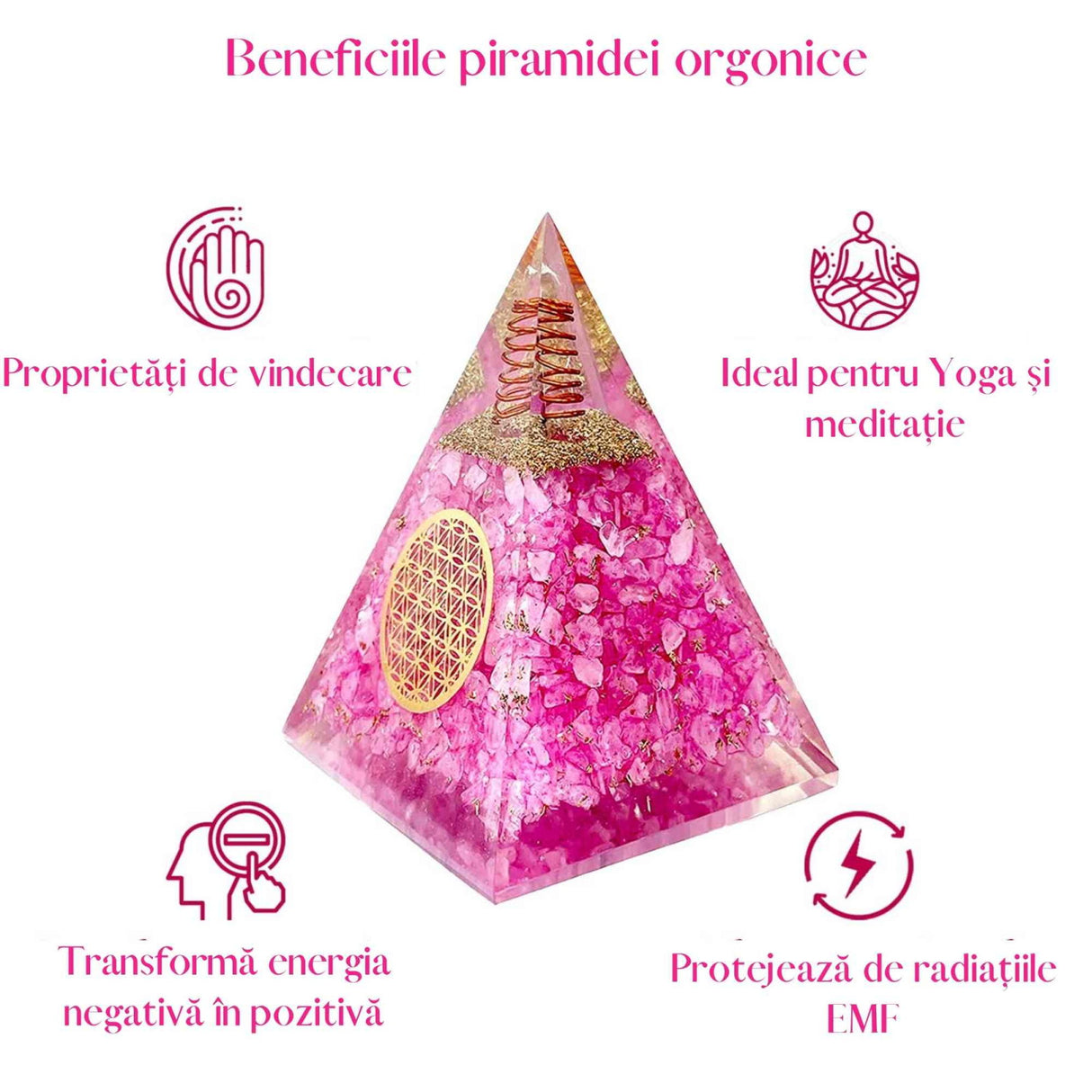 Piramida orgonica cuart roz si simbolul floarea vietii 8 cm - incurajeaza speranta, sensibilitatea, intuitia si abilitatile psihice