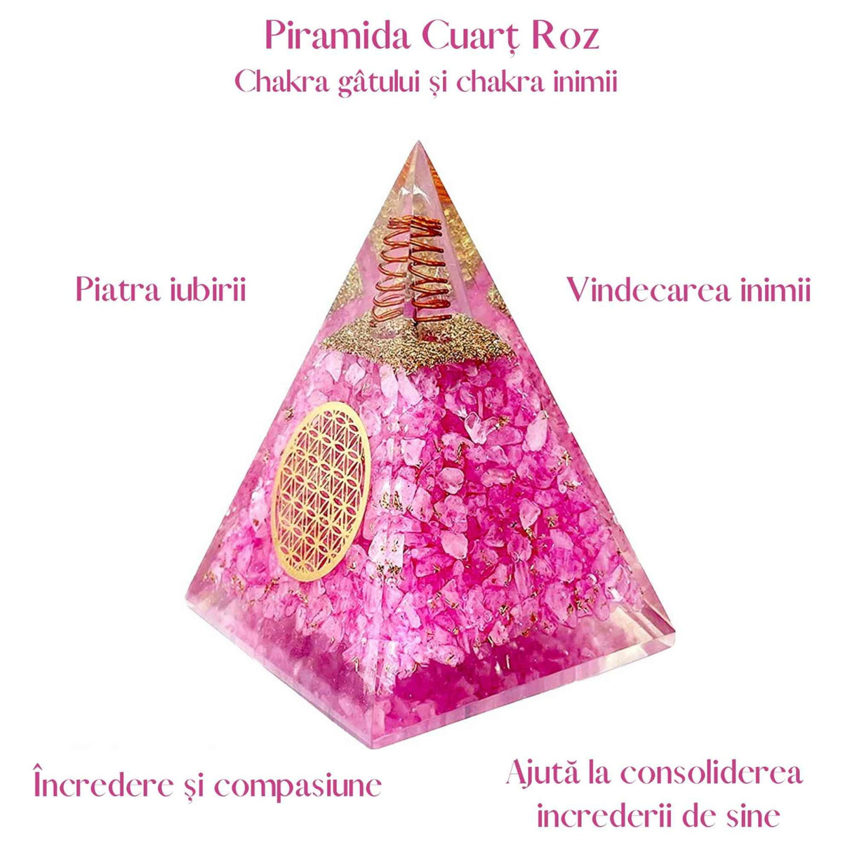 Piramida orgonica cuart roz si simbolul floarea vietii 8 cm - incurajeaza speranta, sensibilitatea, intuitia si abilitatile psihice