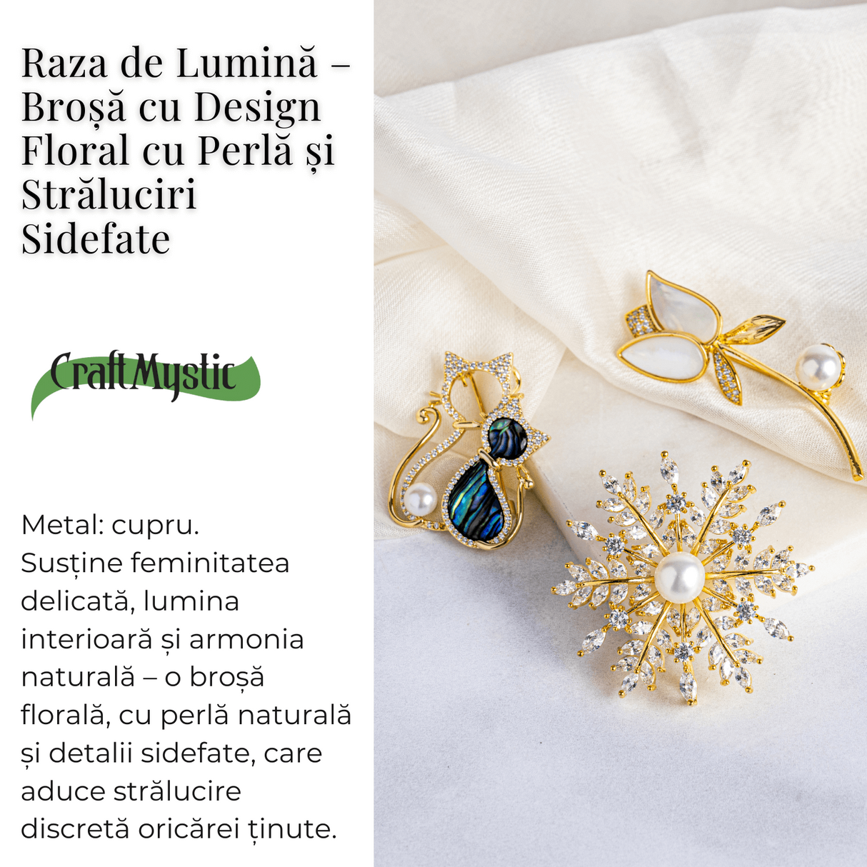 Raza de lumina - Brosa cu design floral cu perla si straluciri sidefate