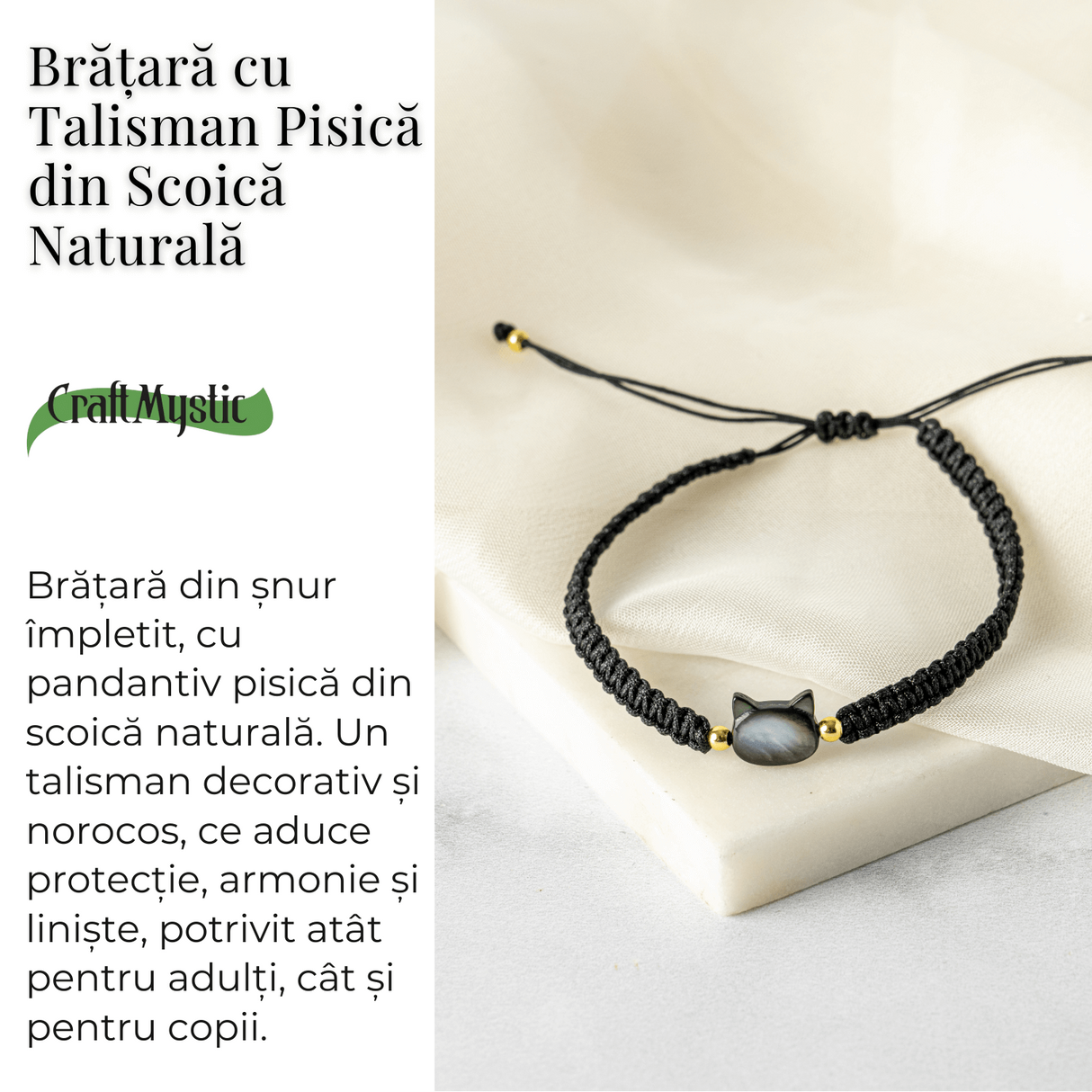 Protectie si Noroc - Bratara cu Charm Pisica din Scoica Naturala, Neagra