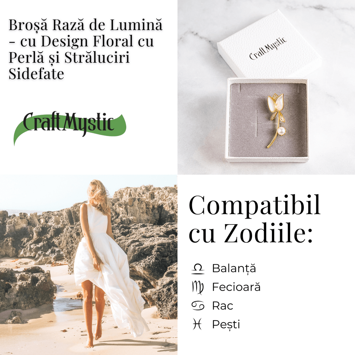Raza de lumina - Brosa cu design floral cu perla si straluciri sidefate