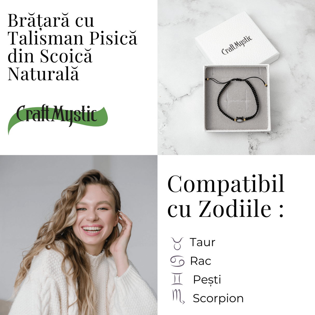 Protectie si Noroc - Bratara cu Charm Pisica din Scoica Naturala, Neagra