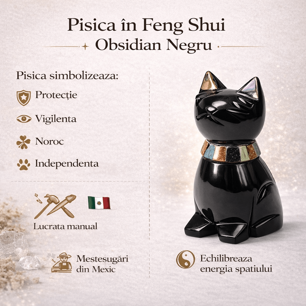 Pisicuta Feng Shui din Obsidian Negru Mexican cu insertii de pietre naturale – editie limitata