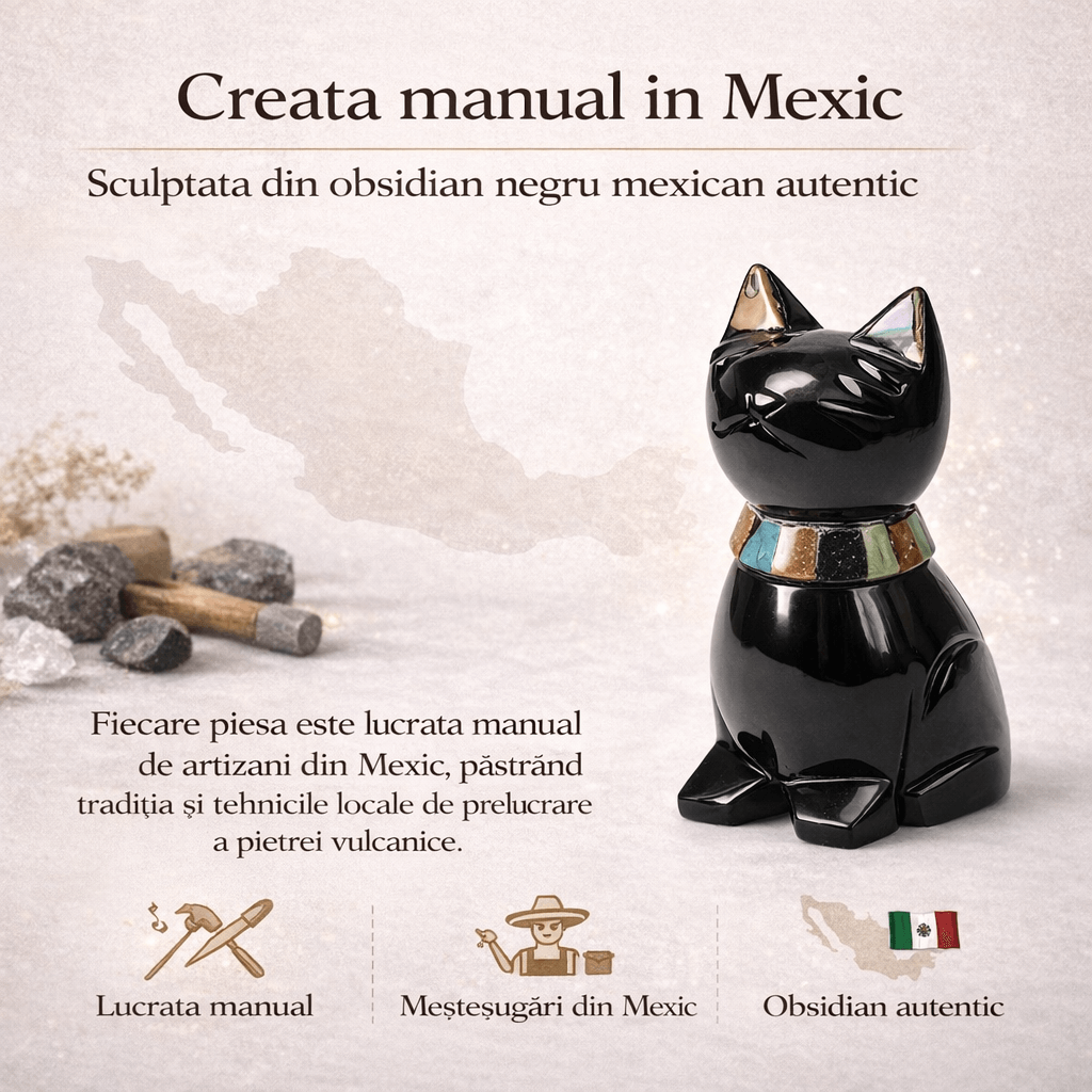 Pisicuta Feng Shui din Obsidian Negru Mexican cu insertii de pietre naturale – editie limitata
