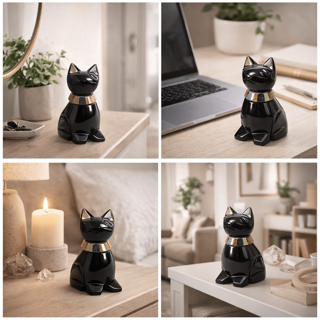 Pisicuta Feng Shui din Obsidian Negru Mexican cu insertii de pietre naturale – editie limitata