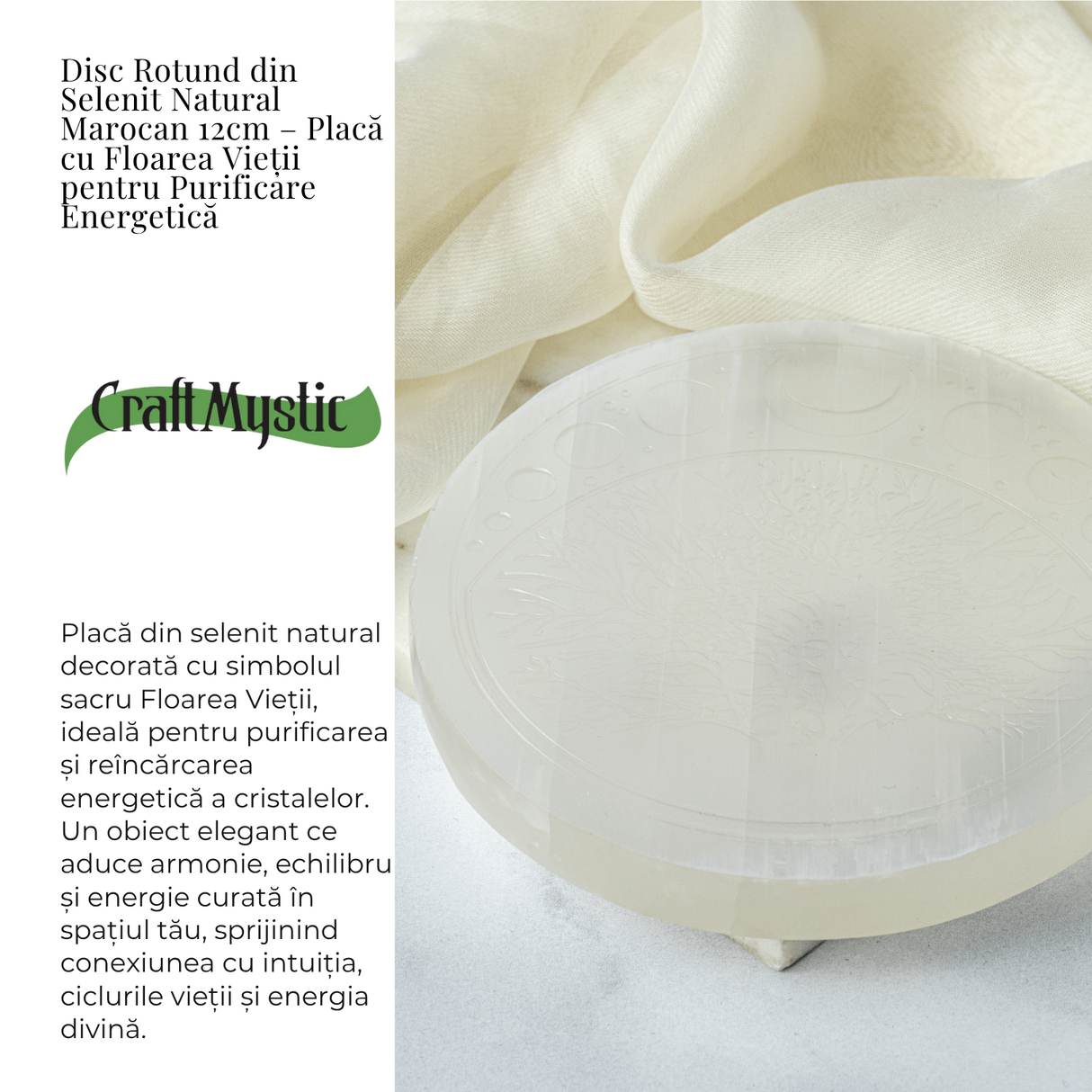 Disc Rotund din Selenit Natural 12cm - Placa Floarea Vietii pentru Purificare si Armonie Energetica