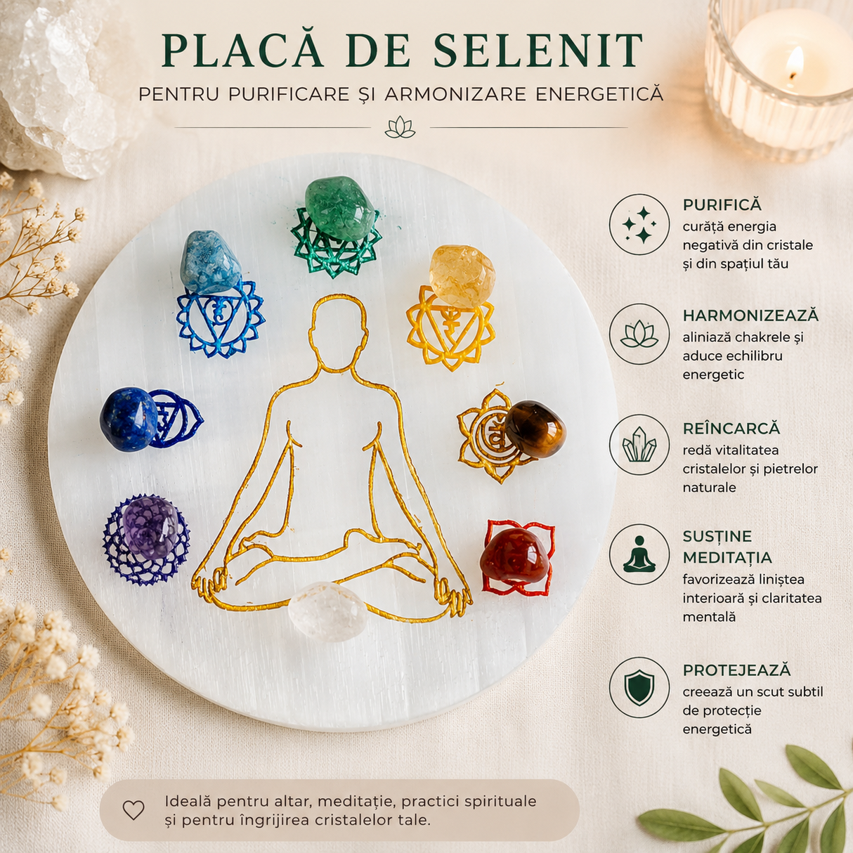 Placa din Selenit cu Cele 7 Chakre 10x10 cm – Purificare si Echilibru Energetic