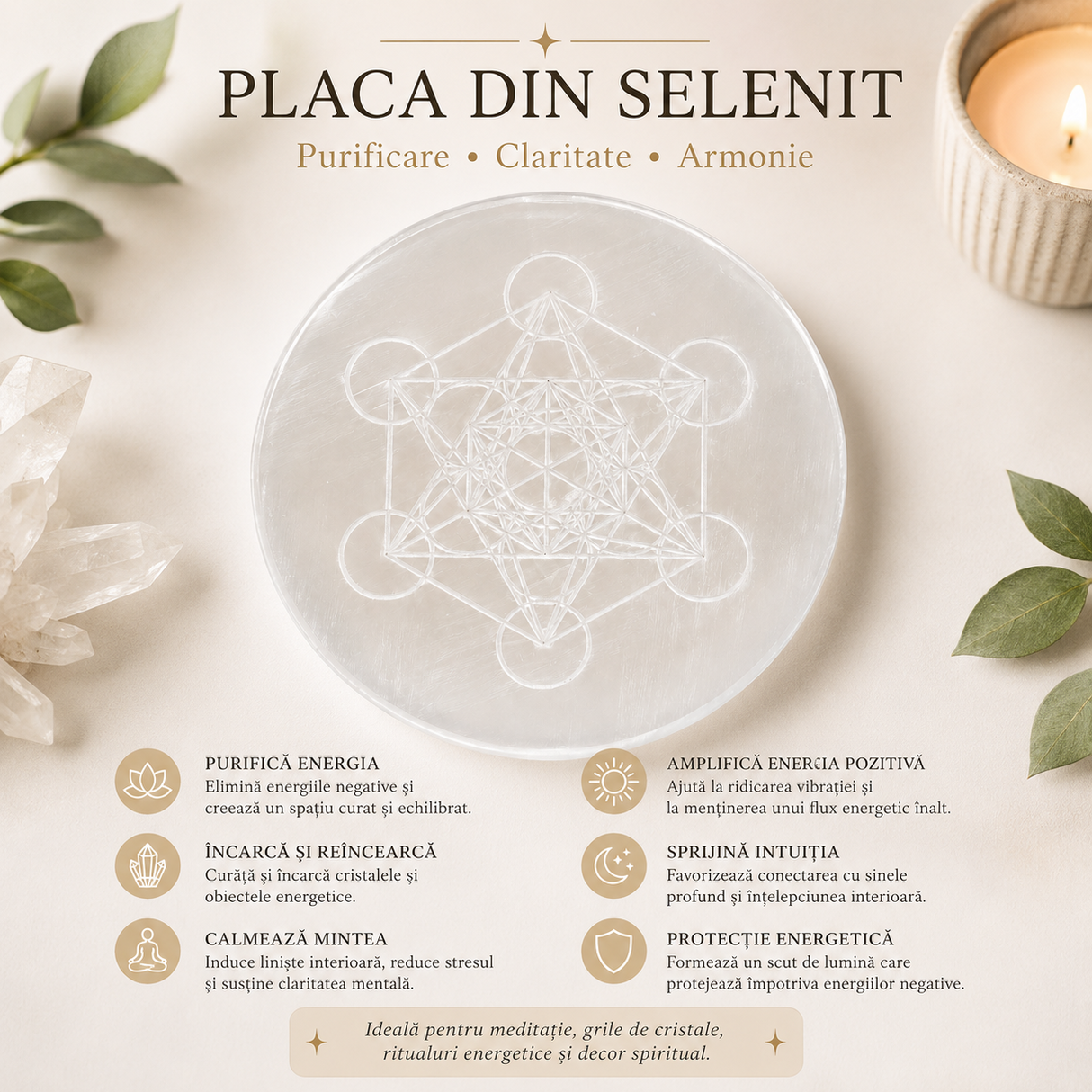 Placa din Selenit Natural cu Cubul lui Metatron – Purificare si Armonie Energetica