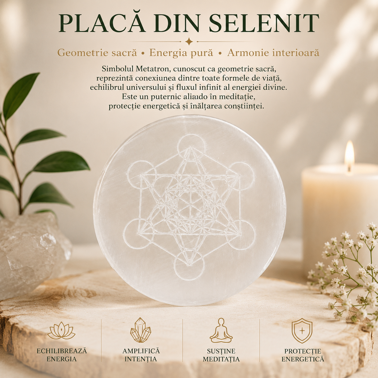 Placa din Selenit Natural cu Cubul lui Metatron – Purificare si Armonie Energetica