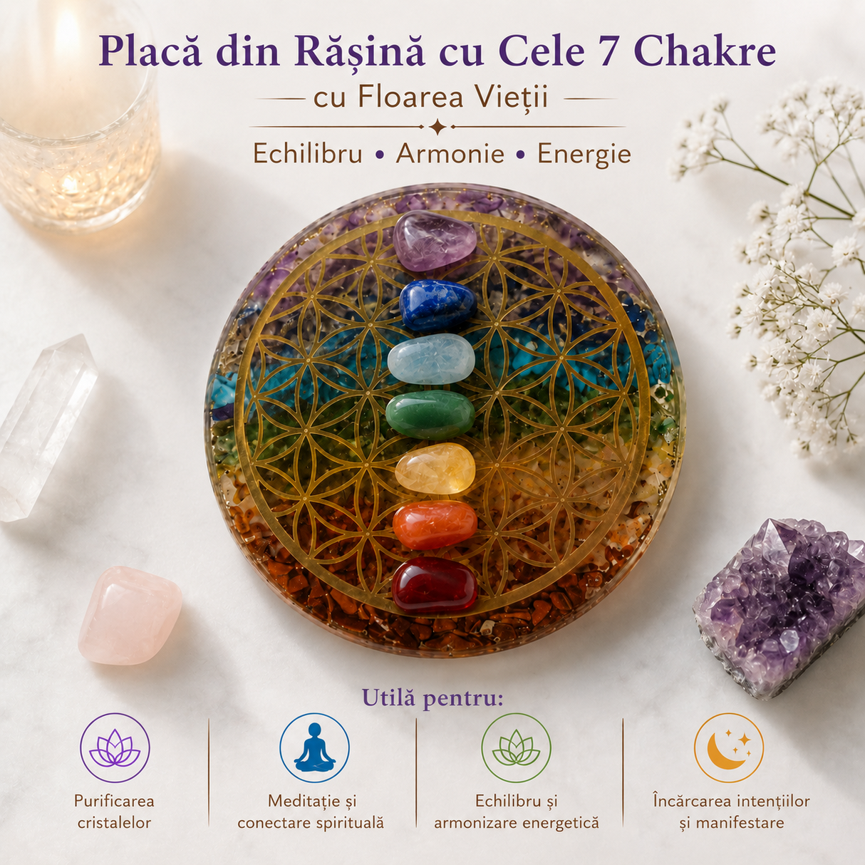 Placa orgonica din Rasina cu Pietrele Celor 7 Chakre si Floarea Vietii – Echilibru si Armonie Energetica