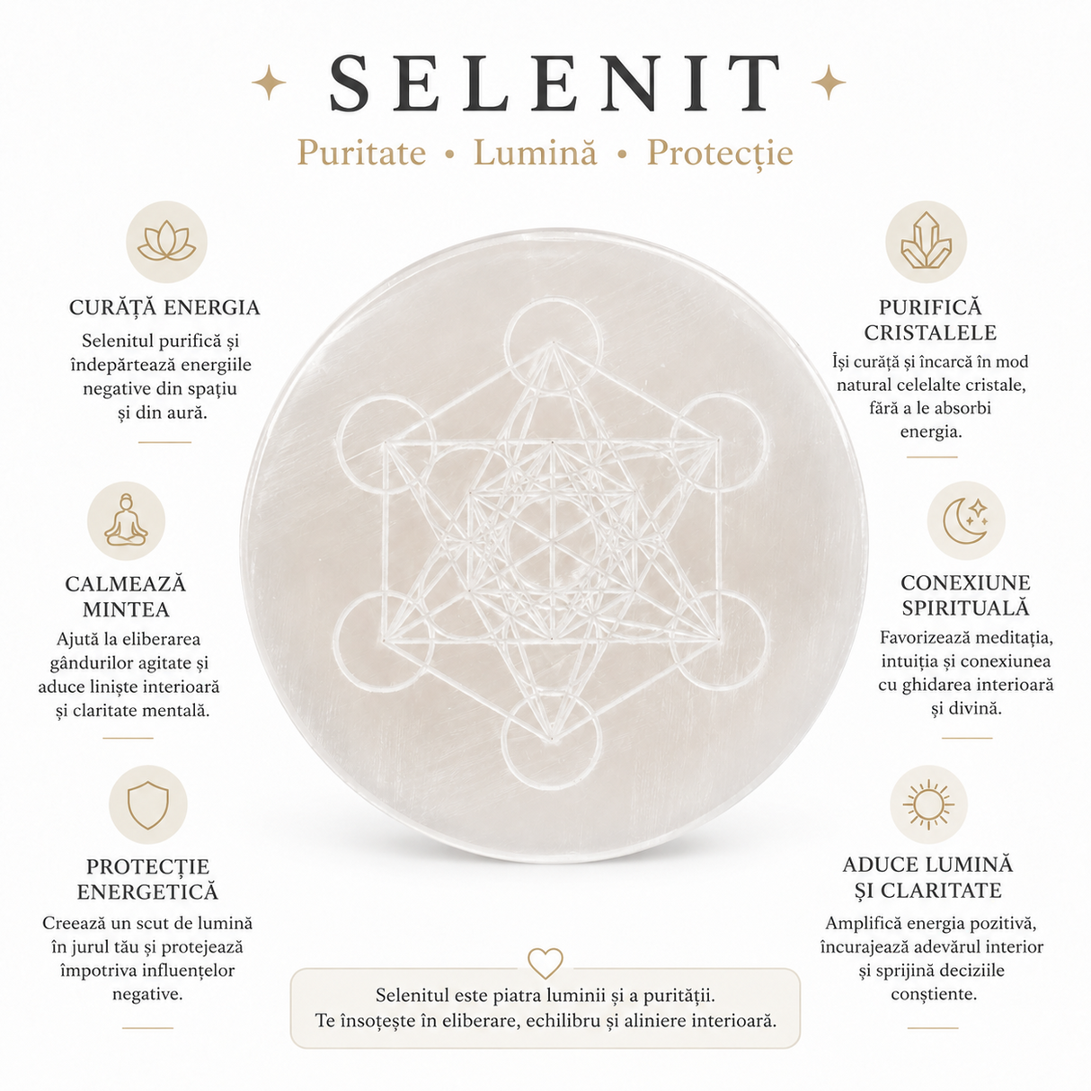 Placa din Selenit Natural cu Cubul lui Metatron – Purificare si Armonie Energetica