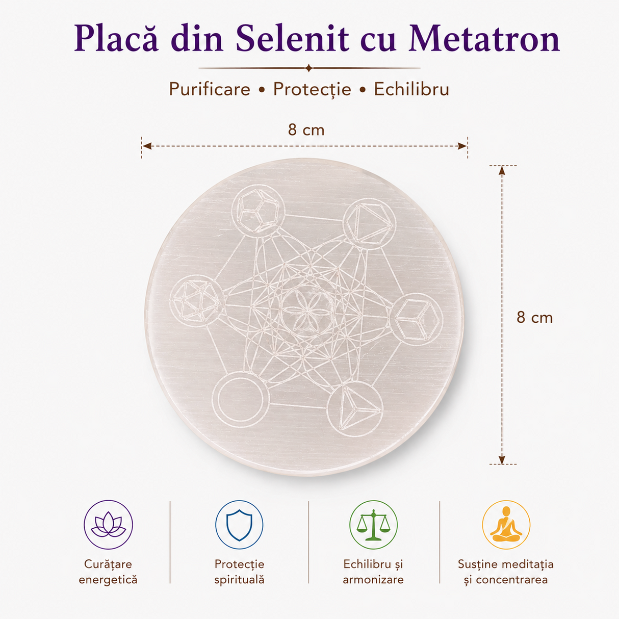 Placa Rotunda din Selenit Natural cu Cubul lui Metatron 8x8 cm– Purificare si Echilibru Energetic