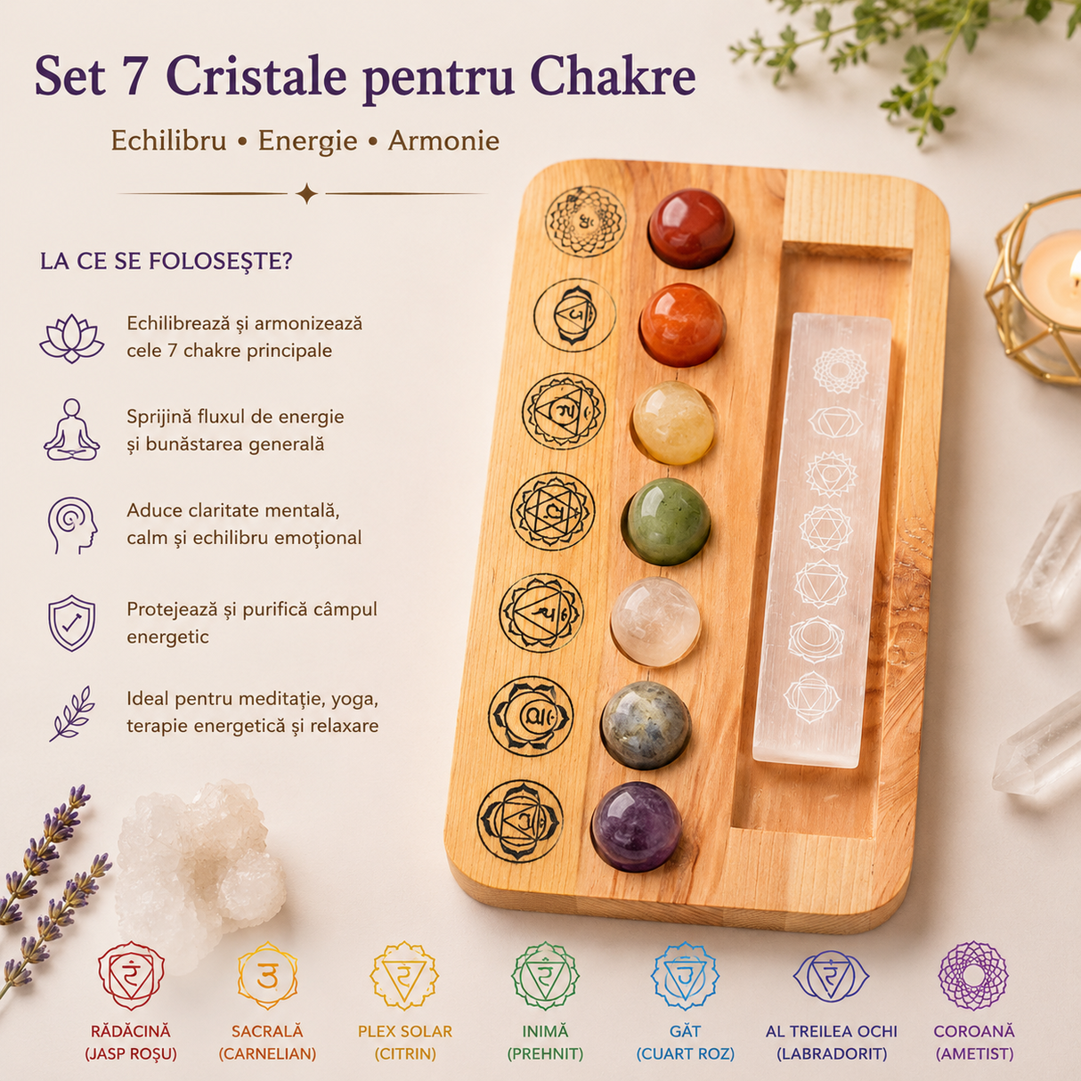 Set 7 Pietre Chakra cu Placa de Selenit si Suport din Lemn – Echilibru Energetic si Purificare