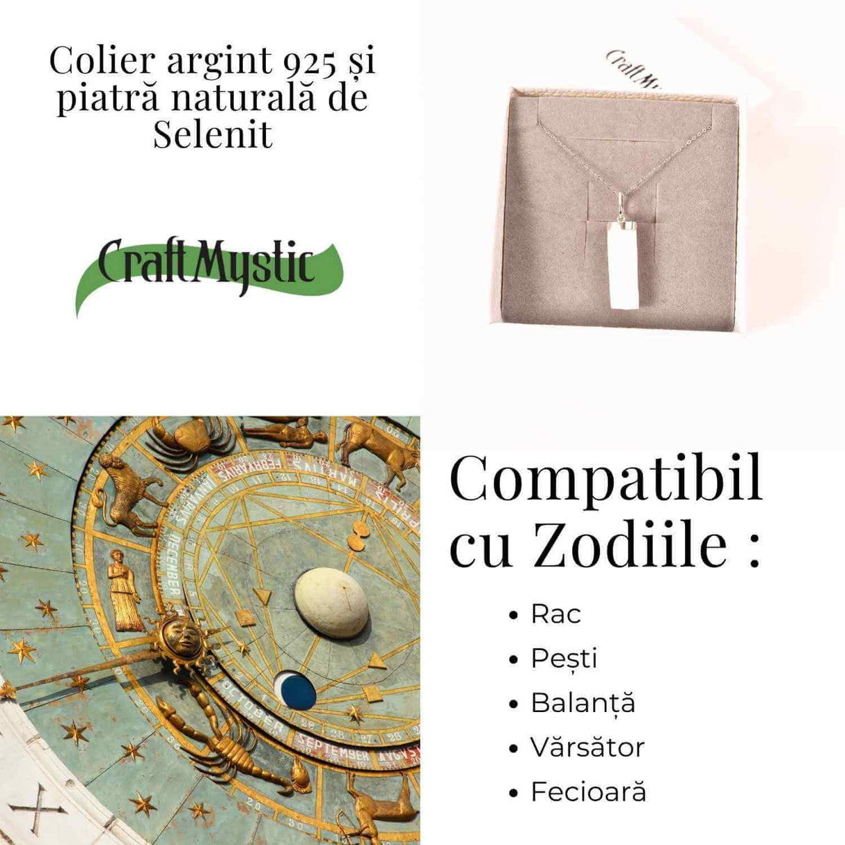 Colier Argint 925 cu Selenit Brut - Lumina Purificarii si Claritatii Interioare