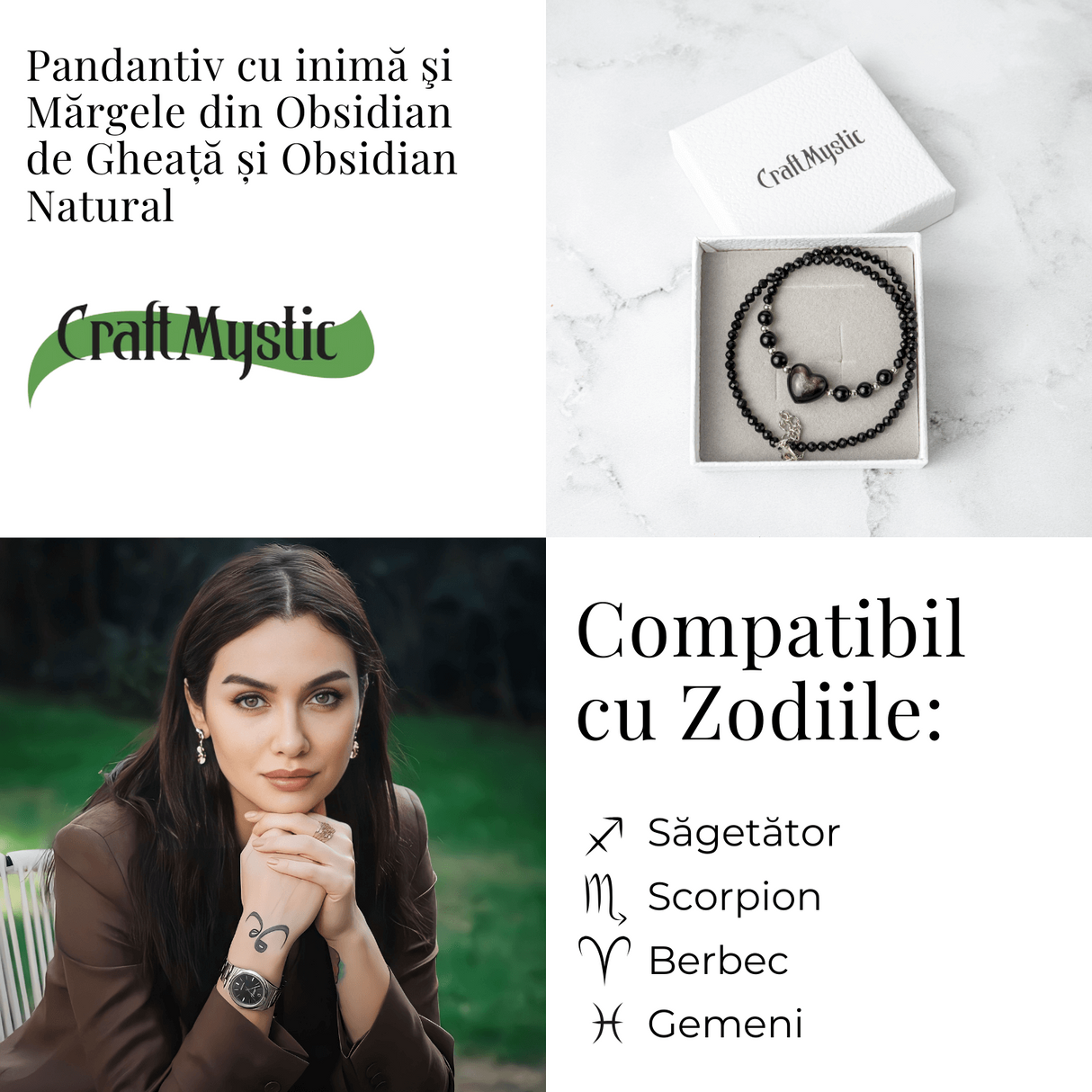 Protectie si Echilibru - Colier Inimă din Obsidian de Gheata si Obsidian Natural