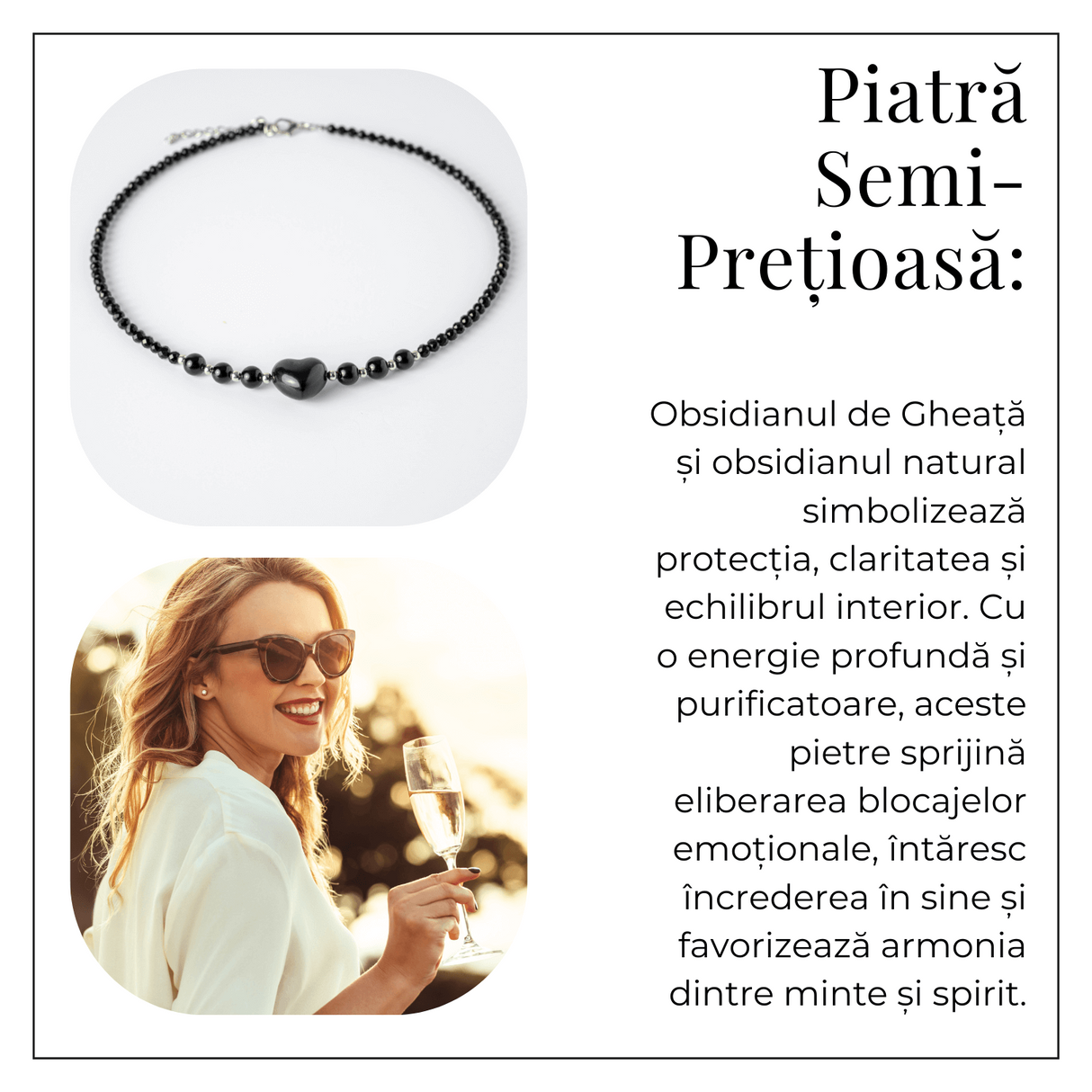 Protectie si Echilibru - Colier Inimă din Obsidian de Gheata si Obsidian Natural