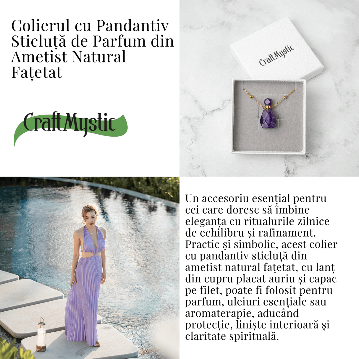 Claritate si Protectie - Colier Sticluta din Ametist Natural Fatetat, lant din Cupru Placat Auriu